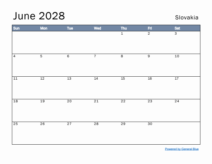 June 2028 Simple Monthly Calendar for Slovakia