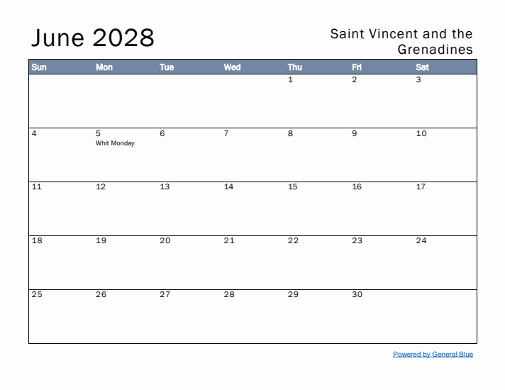 June 2028 Simple Monthly Calendar for Saint Vincent and the Grenadines