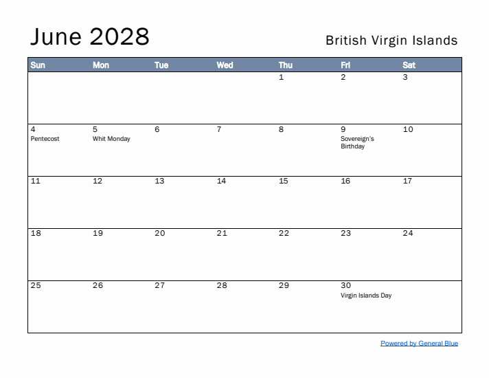 June 2028 Simple Monthly Calendar for British Virgin Islands