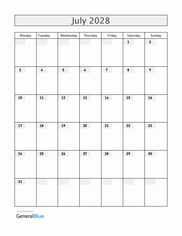 Blank July 2028 Calendar