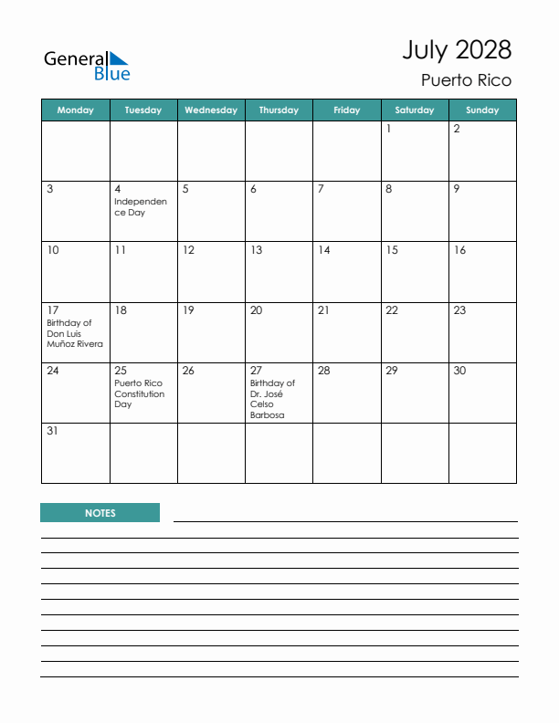 Calendar with Notes Printable - Monday Start