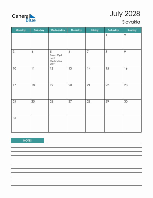 Calendar with Notes Printable - Monday Start