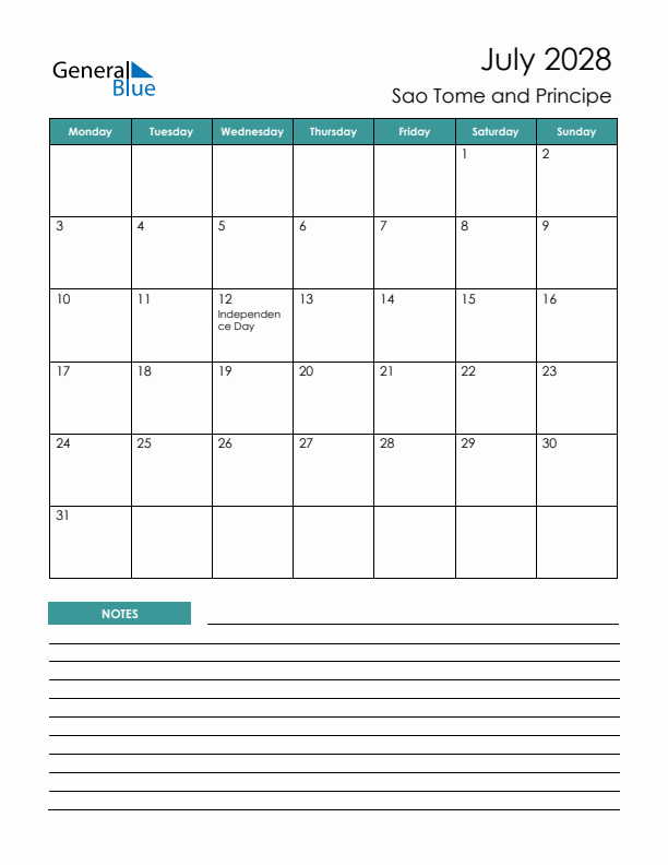 Calendar with Notes Printable - Monday Start