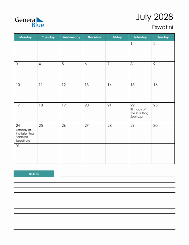 Calendar with Notes Printable - Monday Start