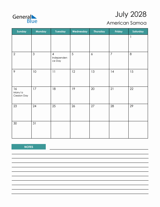 Calendar with Notes Printable - Sunday Start