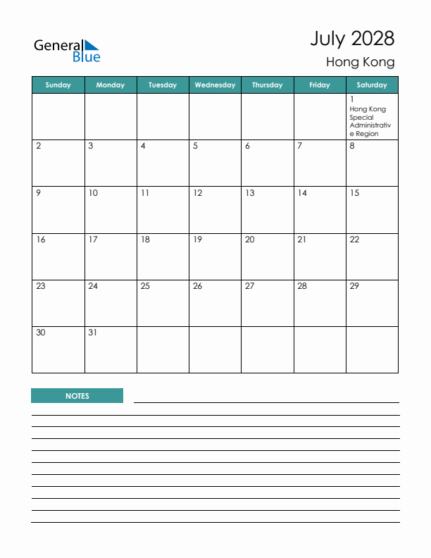 Calendar with Notes Printable - Sunday Start
