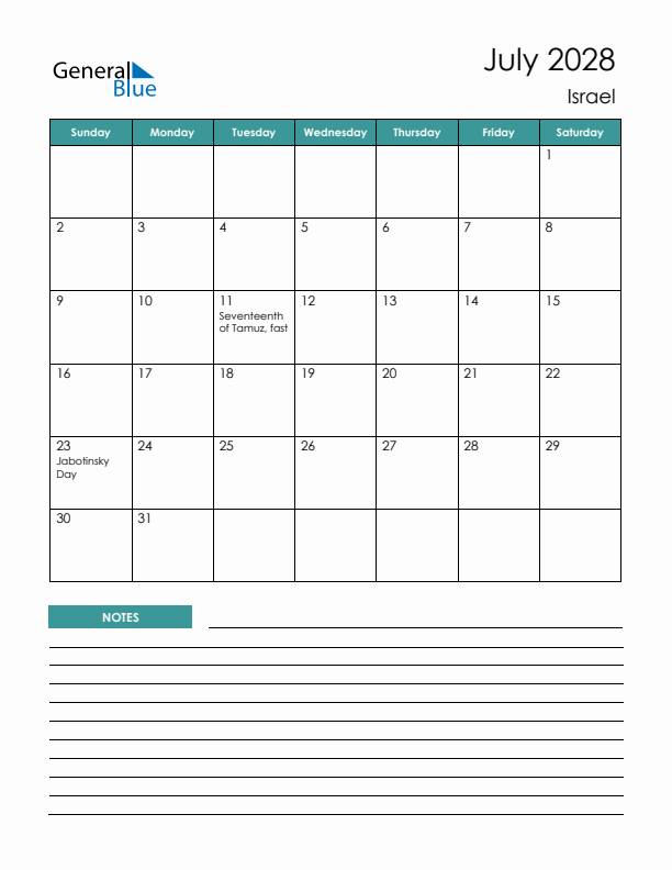 Calendar with Notes Printable - Sunday Start