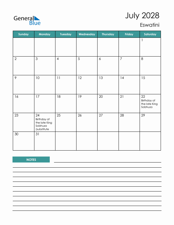 Calendar with Notes Printable - Sunday Start