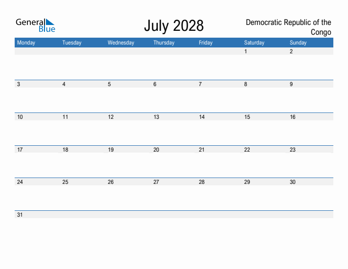 Fillable July 2028 Calendar