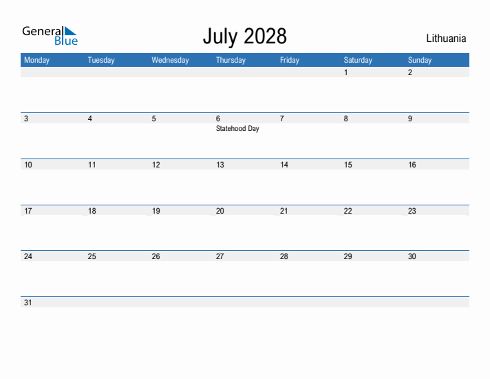 Fillable July 2028 Calendar