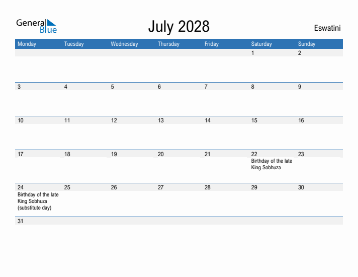 Fillable July 2028 Calendar