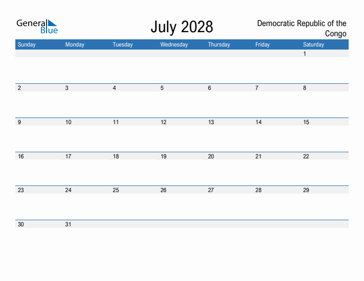 Fillable July 2028 Calendar