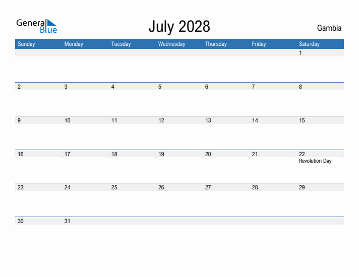 Fillable July 2028 Calendar