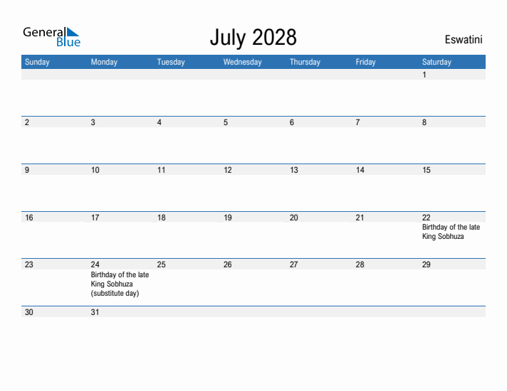 Fillable July 2028 Calendar
