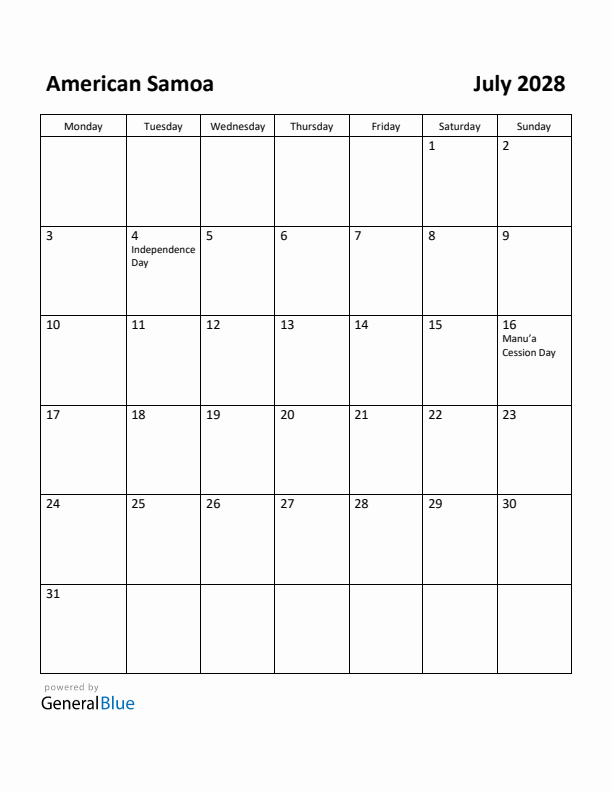 July 2028 Calendar with American Samoa Holidays
