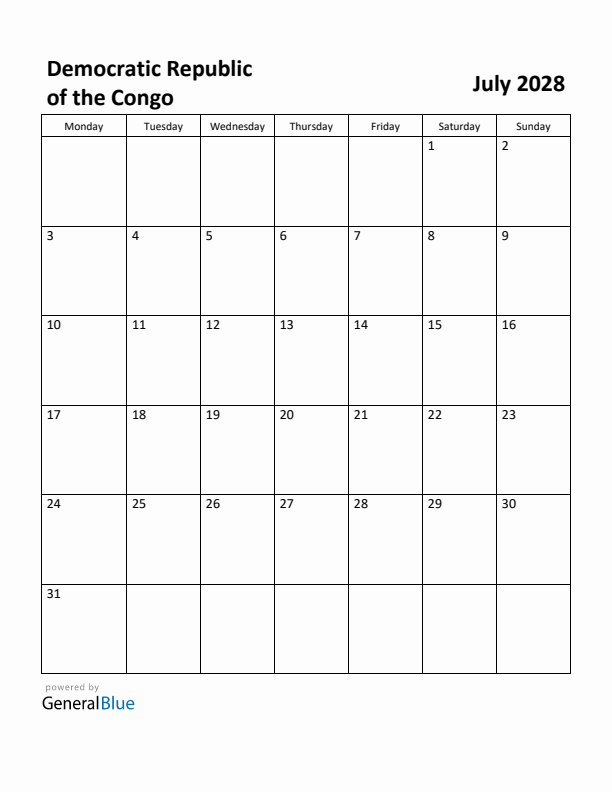 July 2028 Calendar with Democratic Republic of the Congo Holidays