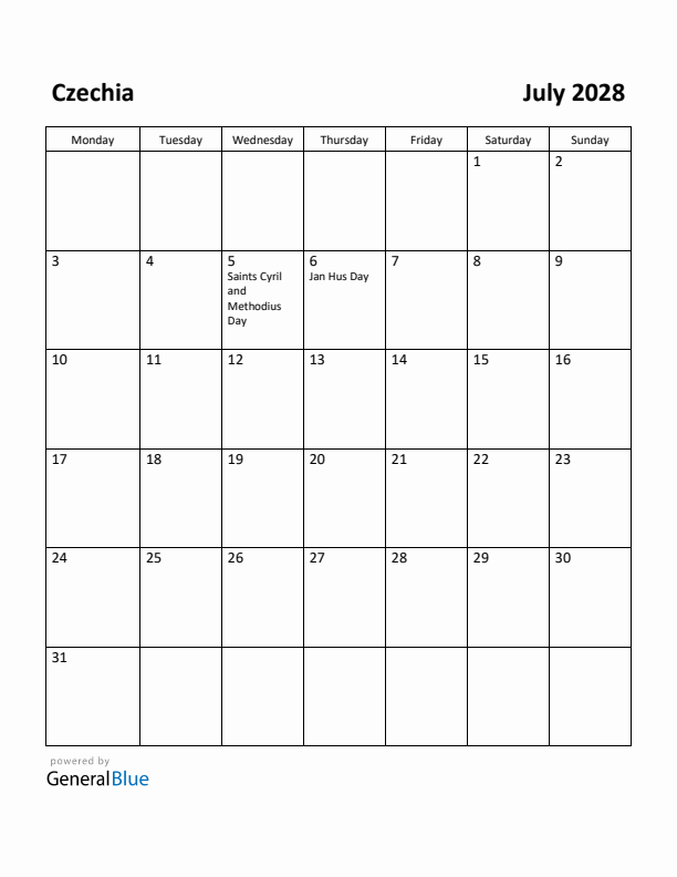 July 2028 Calendar with Czechia Holidays