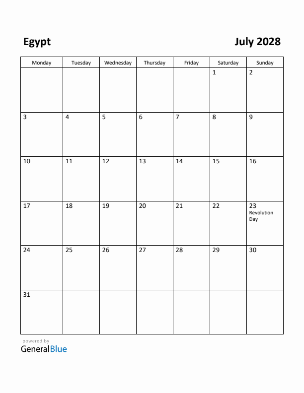 July 2028 Calendar with Egypt Holidays