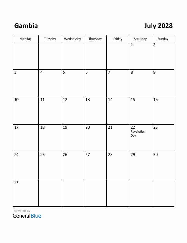 July 2028 Calendar with Gambia Holidays