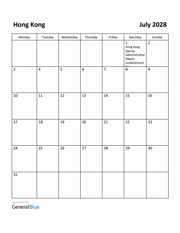 July 2028 Calendar with Hong Kong Holidays