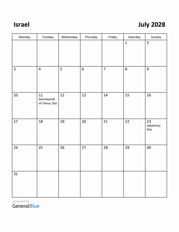 July 2028 Calendar with Israel Holidays
