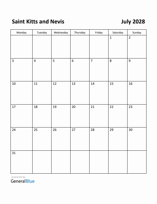 July 2028 Calendar with Saint Kitts and Nevis Holidays