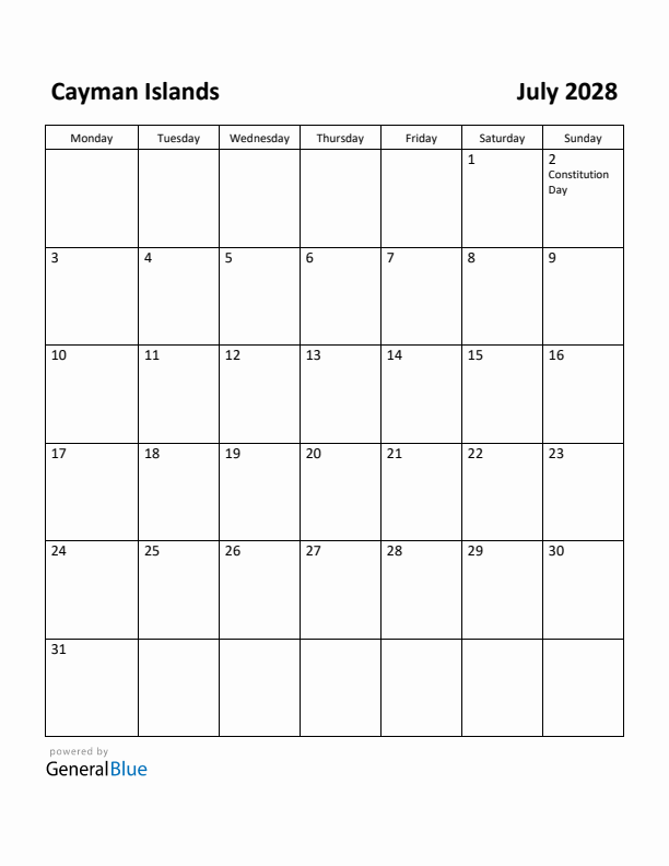 July 2028 Calendar with Cayman Islands Holidays