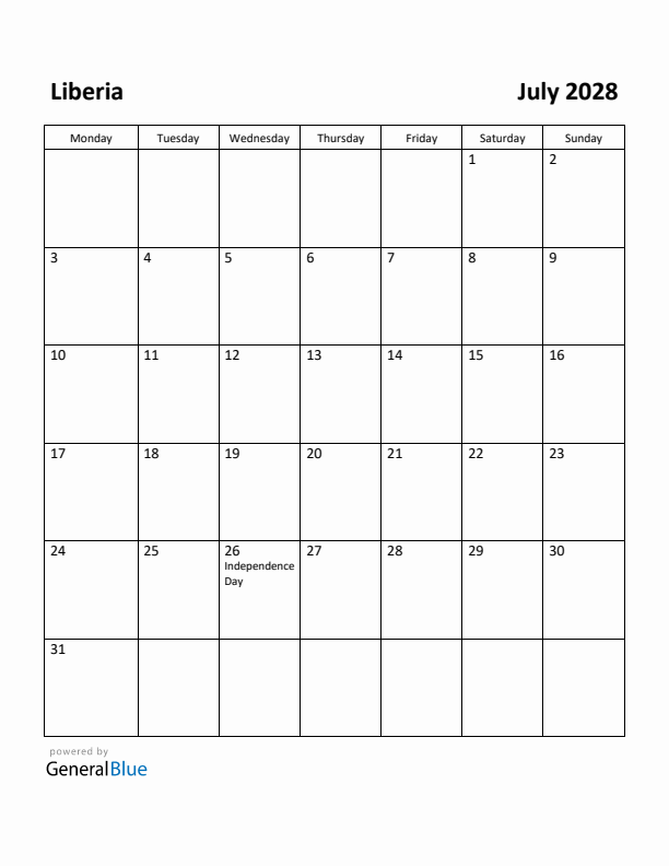 July 2028 Calendar with Liberia Holidays