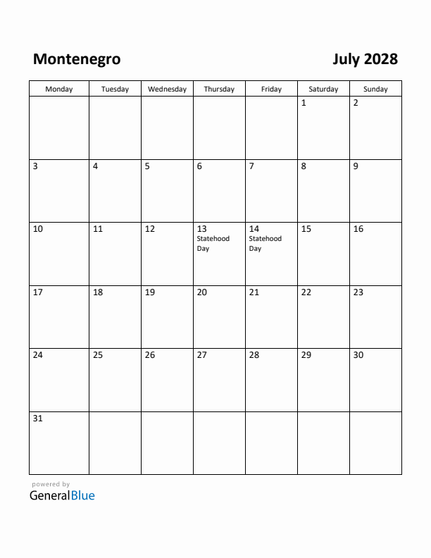 July 2028 Calendar with Montenegro Holidays