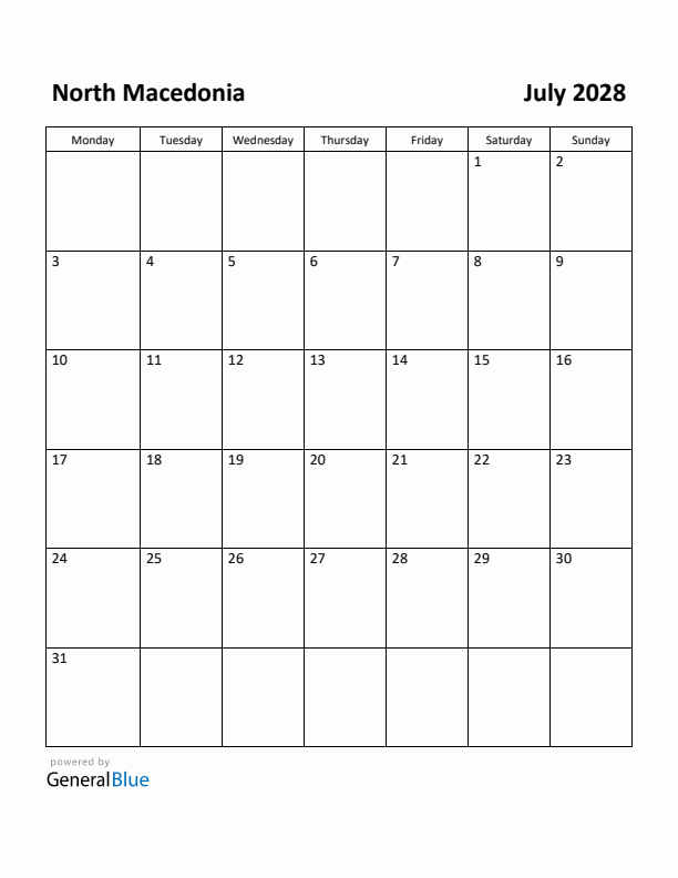 July 2028 Calendar with North Macedonia Holidays