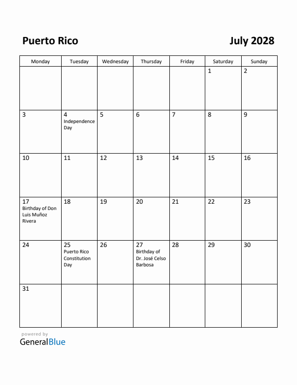 July 2028 Calendar with Puerto Rico Holidays