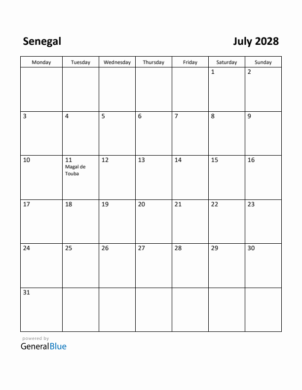 July 2028 Calendar with Senegal Holidays