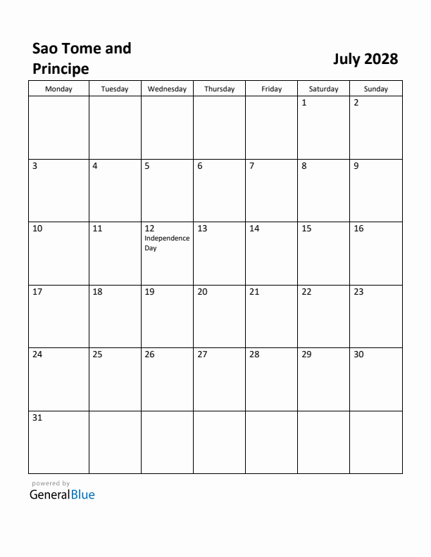 July 2028 Calendar with Sao Tome and Principe Holidays