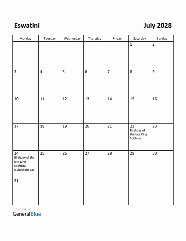 July 2028 Calendar with Eswatini Holidays