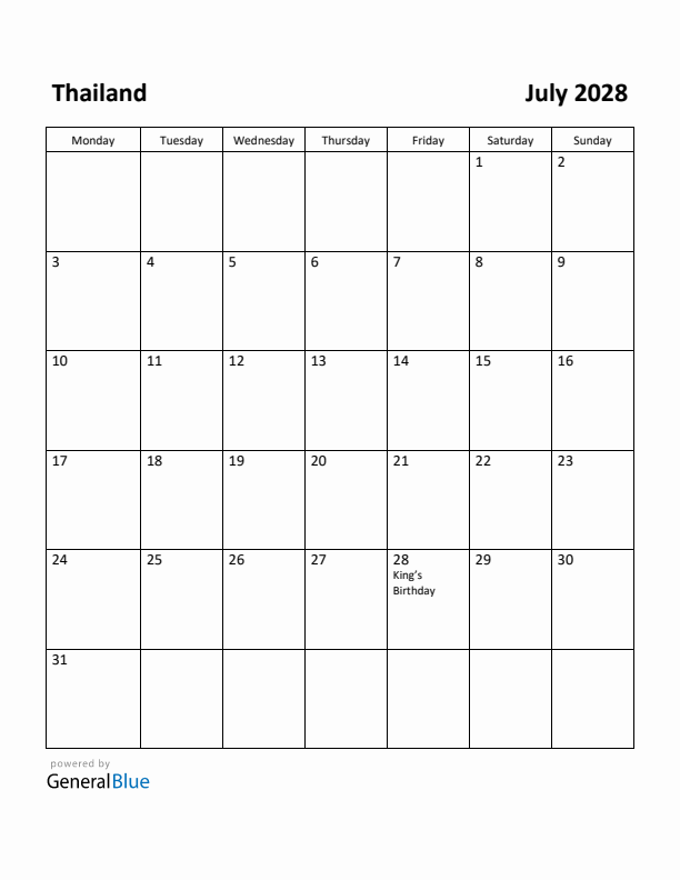 July 2028 Calendar with Thailand Holidays