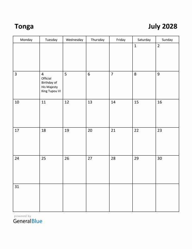 July 2028 Calendar with Tonga Holidays