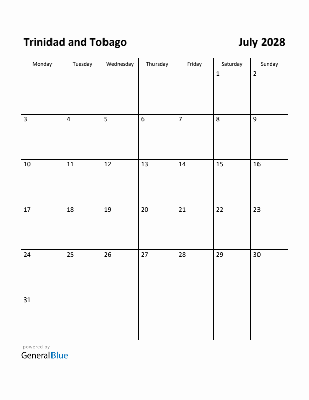 July 2028 Calendar with Trinidad and Tobago Holidays