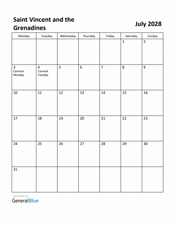 July 2028 Calendar with Saint Vincent and the Grenadines Holidays