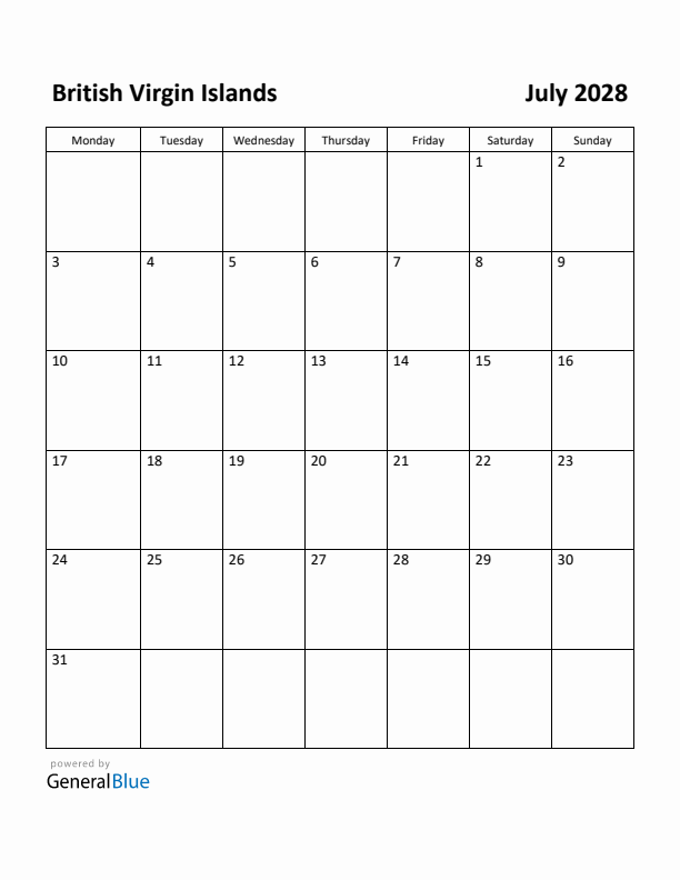 July 2028 Calendar with British Virgin Islands Holidays