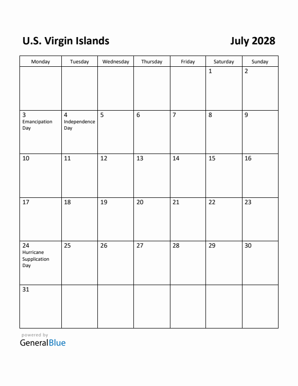July 2028 Calendar with U.S. Virgin Islands Holidays