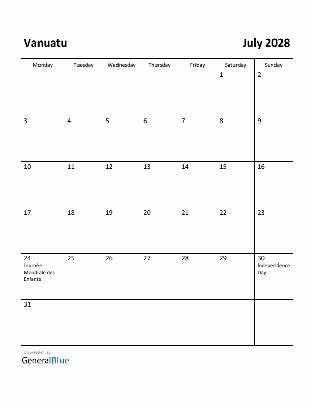 July 2028 Calendar with Vanuatu Holidays