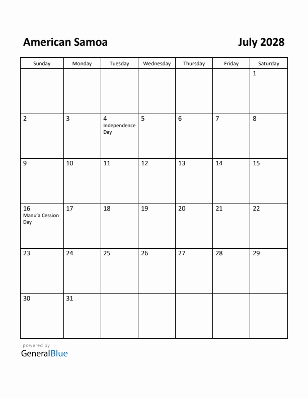 July 2028 Calendar with American Samoa Holidays