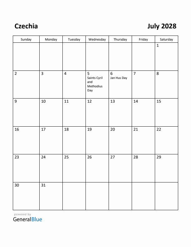 July 2028 Calendar with Czechia Holidays