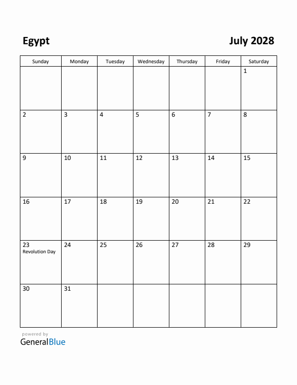 July 2028 Calendar with Egypt Holidays