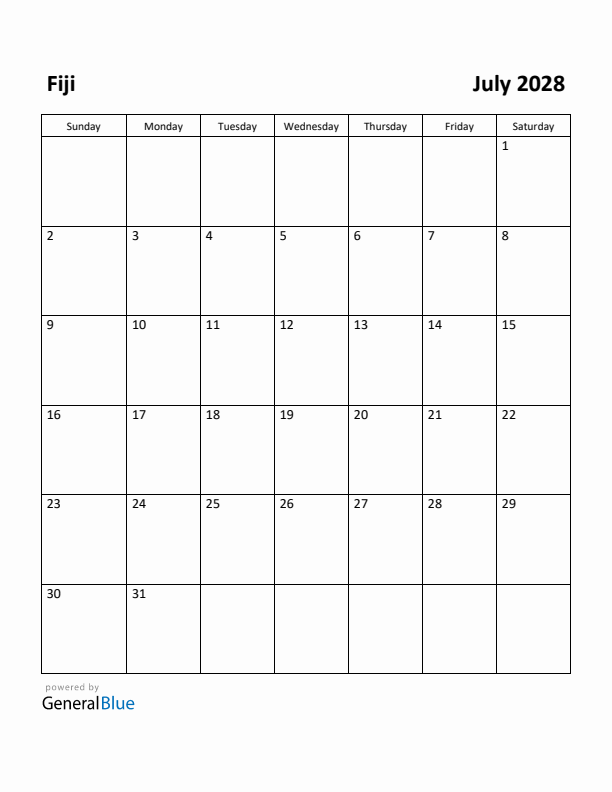 July 2028 Calendar with Fiji Holidays