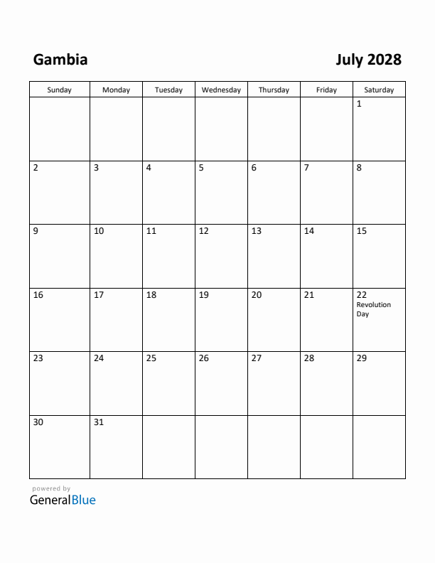July 2028 Calendar with Gambia Holidays