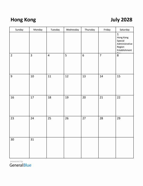 July 2028 Calendar with Hong Kong Holidays