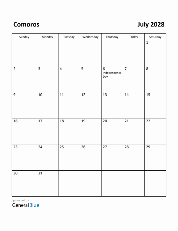 July 2028 Calendar with Comoros Holidays