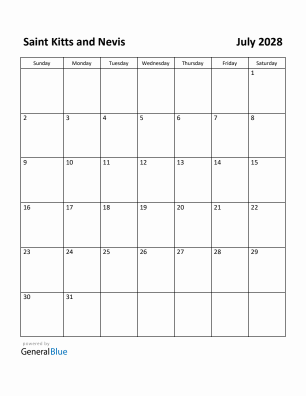 July 2028 Calendar with Saint Kitts and Nevis Holidays