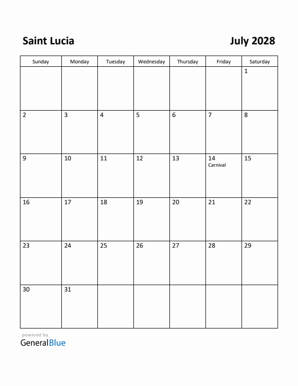 July 2028 Calendar with Saint Lucia Holidays